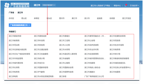 选择市级或县区后选择相应的部门