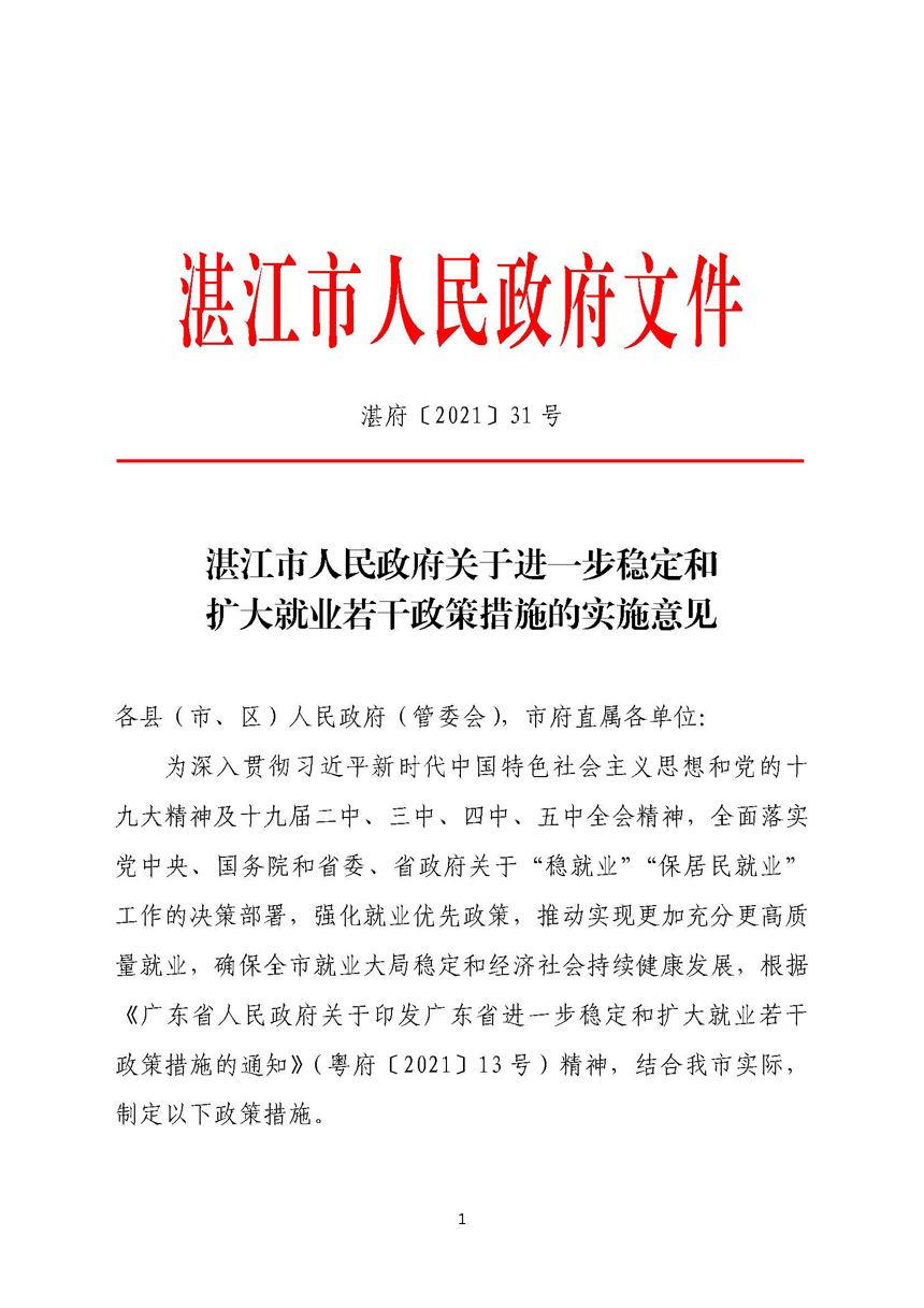 湛江市人民政府关于进一步稳定和扩大就业若干政策措施的实施意见_页面_01.jpg